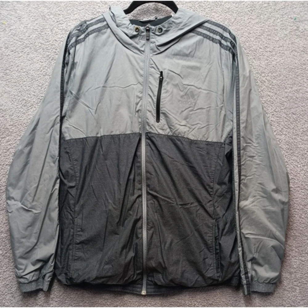 Adidas Men's Hooded Windbreaker Jacket Gray Black Size‎ L Lightweight Lined